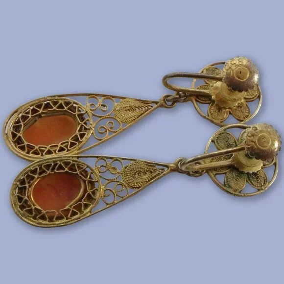 835 Silver Antique/Vintage Italian Carved Shell Cameo Earrings - Picture 9 of 11